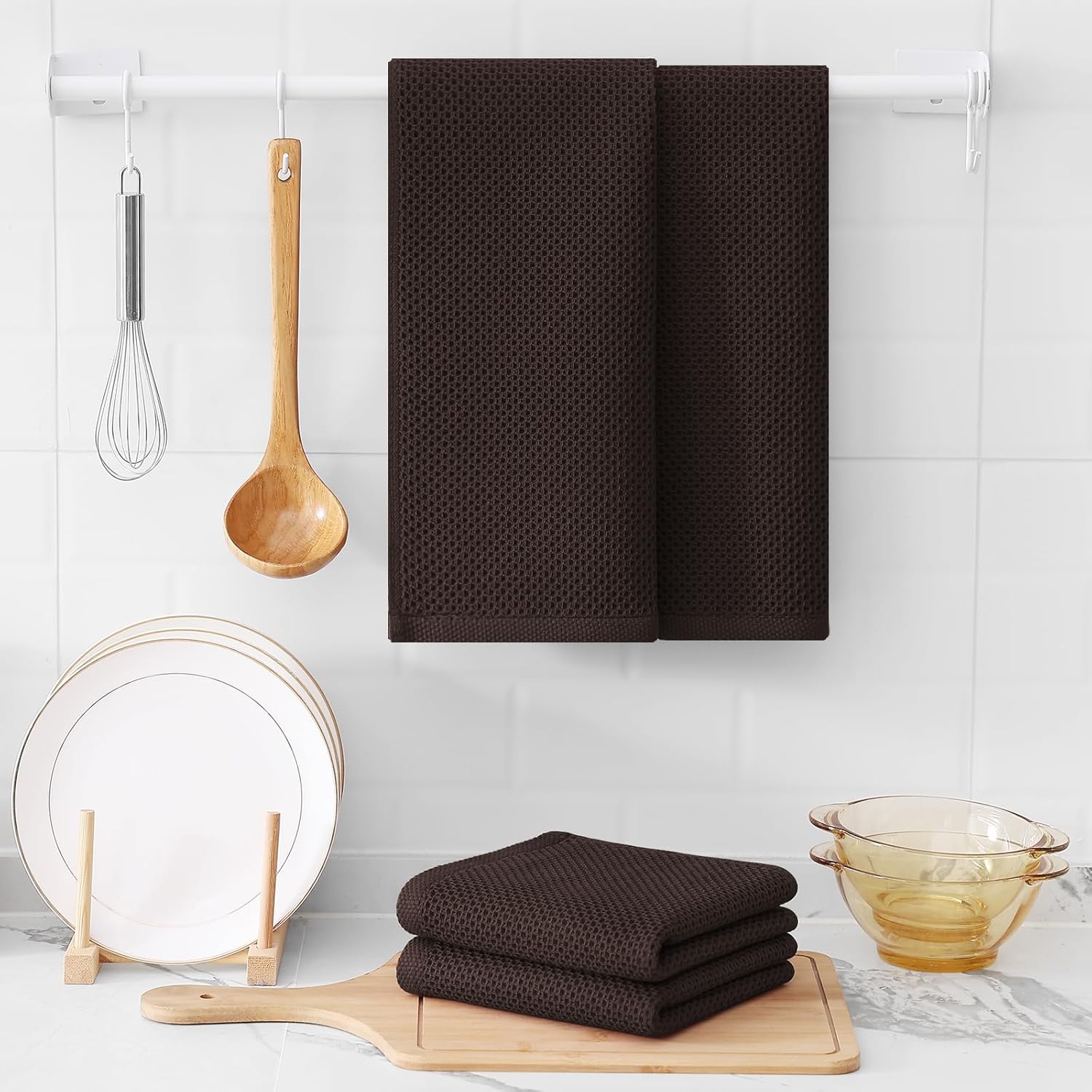 Kitinjoy 100% Cotton Waffle Weave Kitchen Towels, 4-Pack Super Soft and Absorbent Dish Towels for Drying Dishes, Kitchen Hand Towels, 13 in x 28 in, Dark Brown