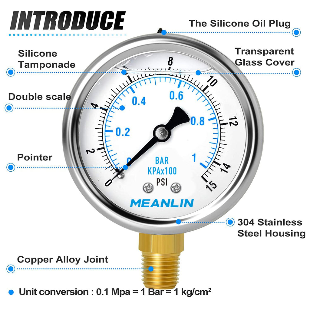 MEANLIN MEASURE 0~15Psi Stainless Steel 1/4" NPT 2.5" FACE DIAL Liquid Filled Pressure Gauge WOG Water Oil Lower Mount, with 1/4" x 1/2" NPT and 1/4" x 3/8" NPT Hex Bushing