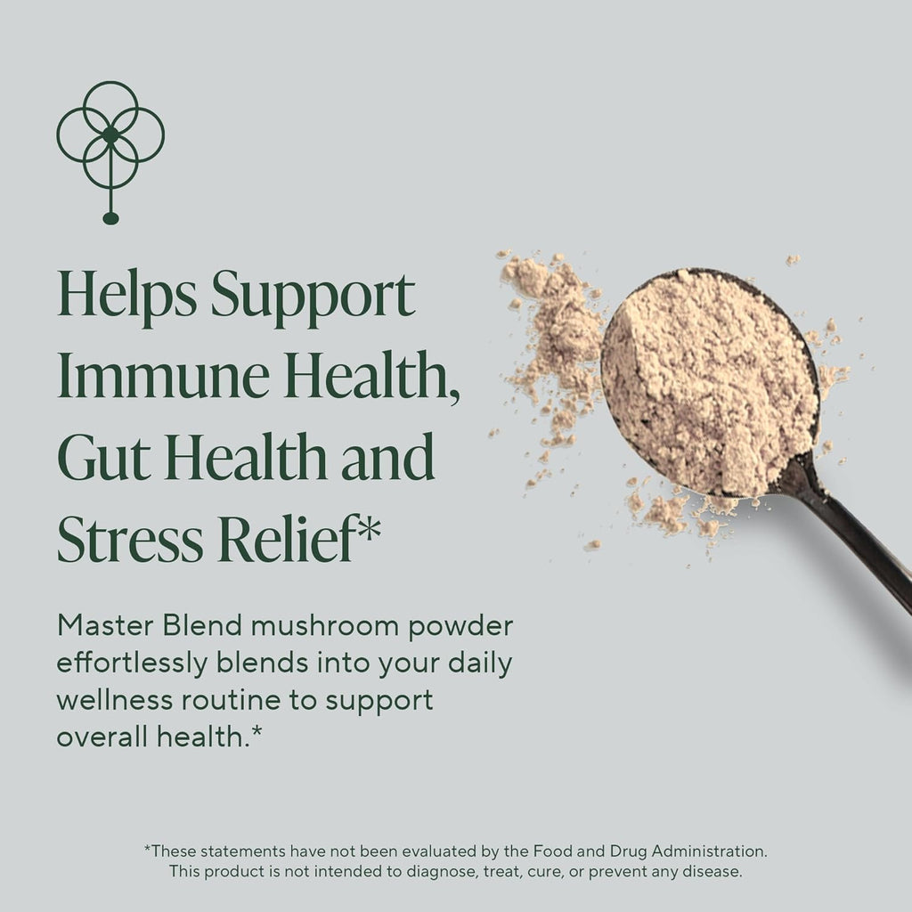 Om Master Blend Mushroom Powder – Organic Mushroom Supplement with 10 Mushrooms and Ashwagandha - Support Immunity, Gut Health & Stress Relief, 6.34 oz (80 Servings)