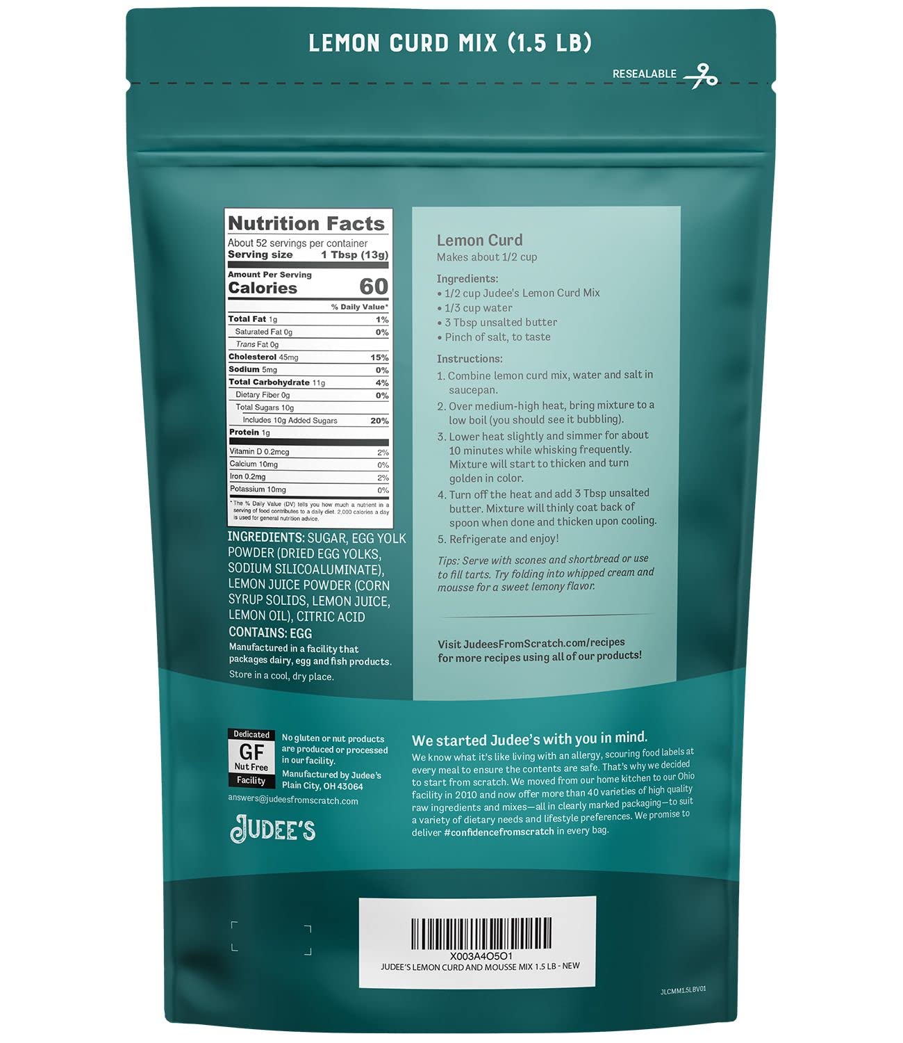 Judee's Lemon Curd and Mousse Mix, 1.5 lb - Gluten-Free and Nut-Free - Ideal Addition to Desserts and Baked Goods - With Easy-to-Follow Instructions – Made in USA