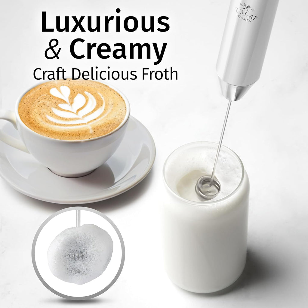 Zulay Kitchen Lux Rechargeable Milk Frother Handheld - Powerful 2-Speed Motor, Fully Waterproof, 2000mAh Battery - Drink Mixer For Latte, Cappuccino, Matcha, Protein Powder - White