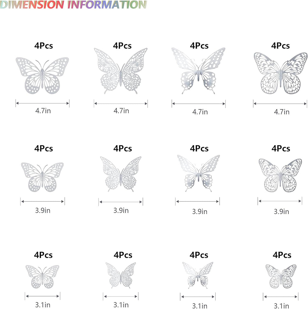 SAOROPEB 3D Butterfly Wall Decor, 48 Pcs 4 Styles 3 Sizes, Removable Metallic Wall Sticker Room Mural Decals for Kids Bedroom Nursery Classroom Party Decoration Wedding Decor DIY Gift (Sliver)