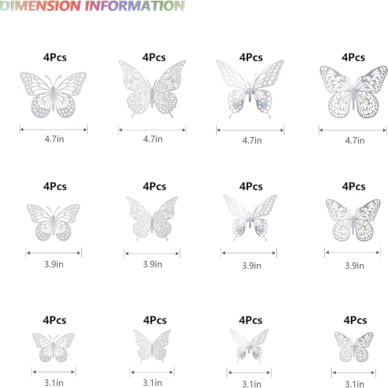 SAOROPEB 3D Butterfly Wall Decor, 48 Pcs 4 Styles 3 Sizes, Removable Metallic Wall Sticker Room Mural Decals for Kids Bedroom Nursery Classroom Party Decoration Wedding Decor DIY Gift (Sliver)