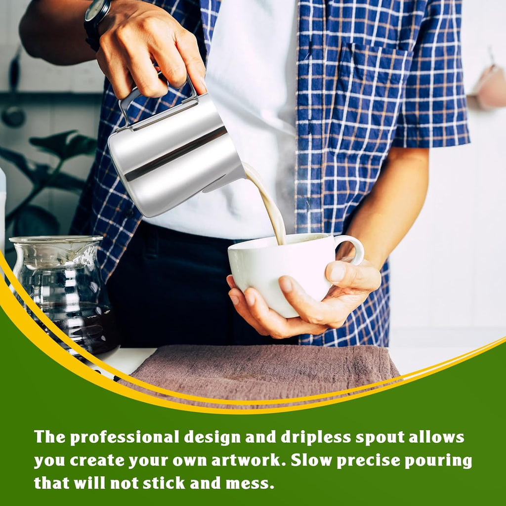 Dandat 4 Pcs Milk Frothing Pitcher Espresso Steaming Pitchers 12 Oz Stainless Steel Milk Steamer Cup Frother Jug for Espresso, Latte Art, Chai Cappuccino Hot Chocolate