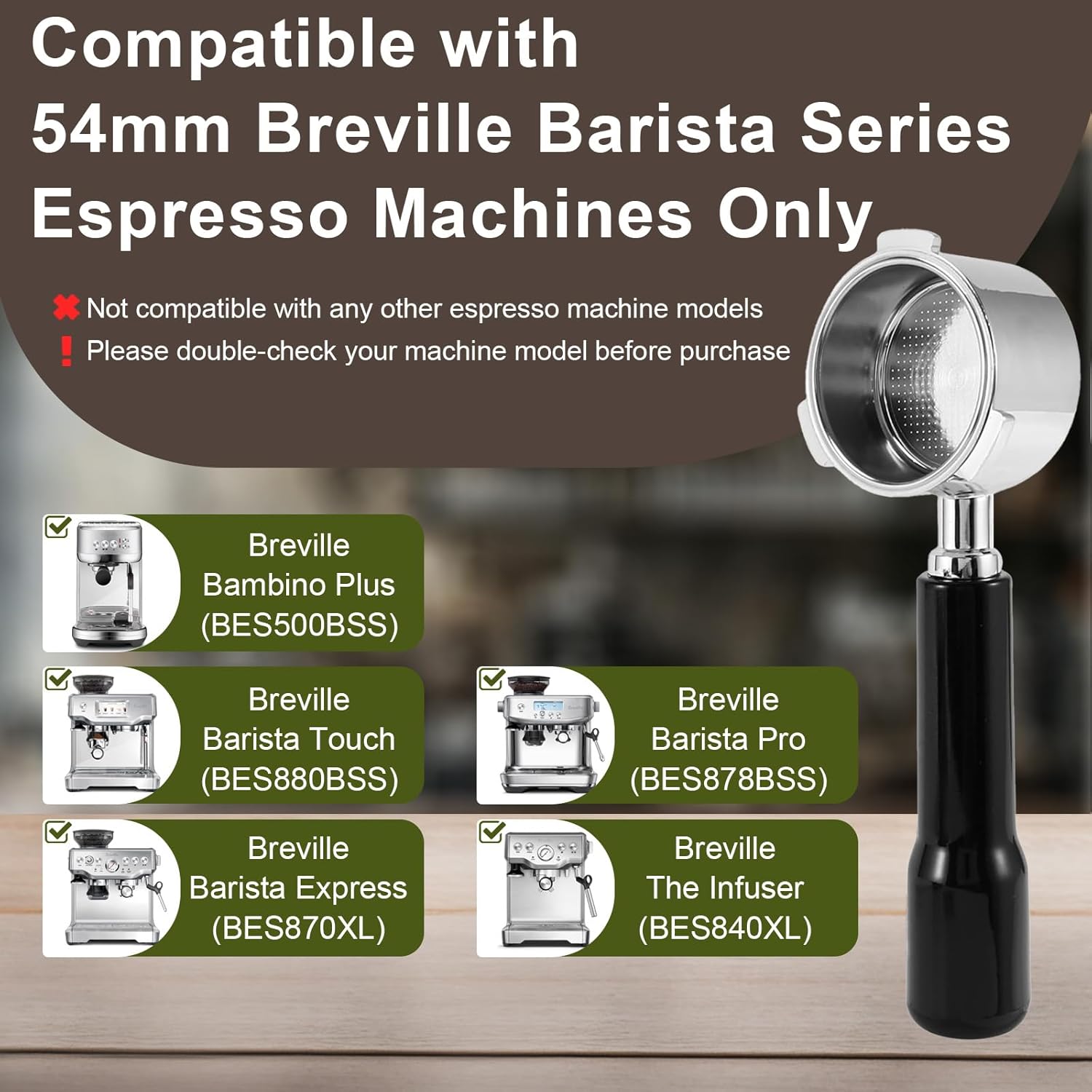 54mm Bottomless Portafilter - 3 Ears with Stainless Steel Filter Basket, Fits Breville Barista Express, Pro, Touch, Bambino Plus, Infuser (880BSS, 870XL, 878BSS, 500BSS, 840XL), Black