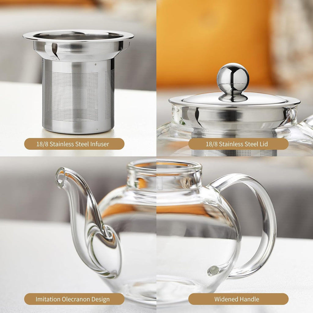 Glass Teapot Stovpetop Safe,20 oz/ 600 ml Stove Top & Microwave Safe Small Borosilicate Glass Kettle with Loose Leaf Tea Strainer For Flower Blooming Tea, Clear