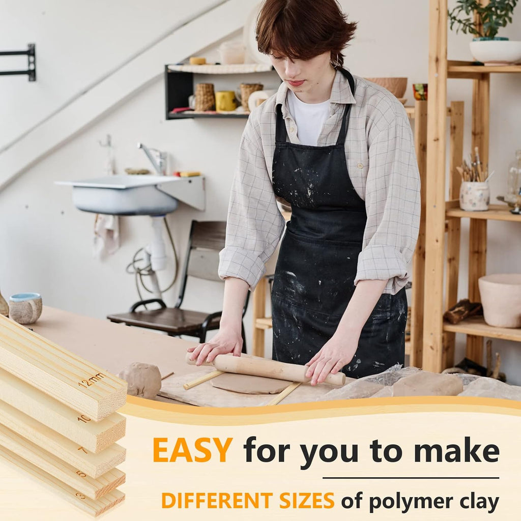 Sasylvia 10 Pcs Pottery Teaching Rolling Mud Stick Guide 5 Size Wooden Rolling Pin Guides Sticks Set Polymer Clay Depth Guide Pottery Tools Clay Tool Mudboard Tools for Polymer Thickness