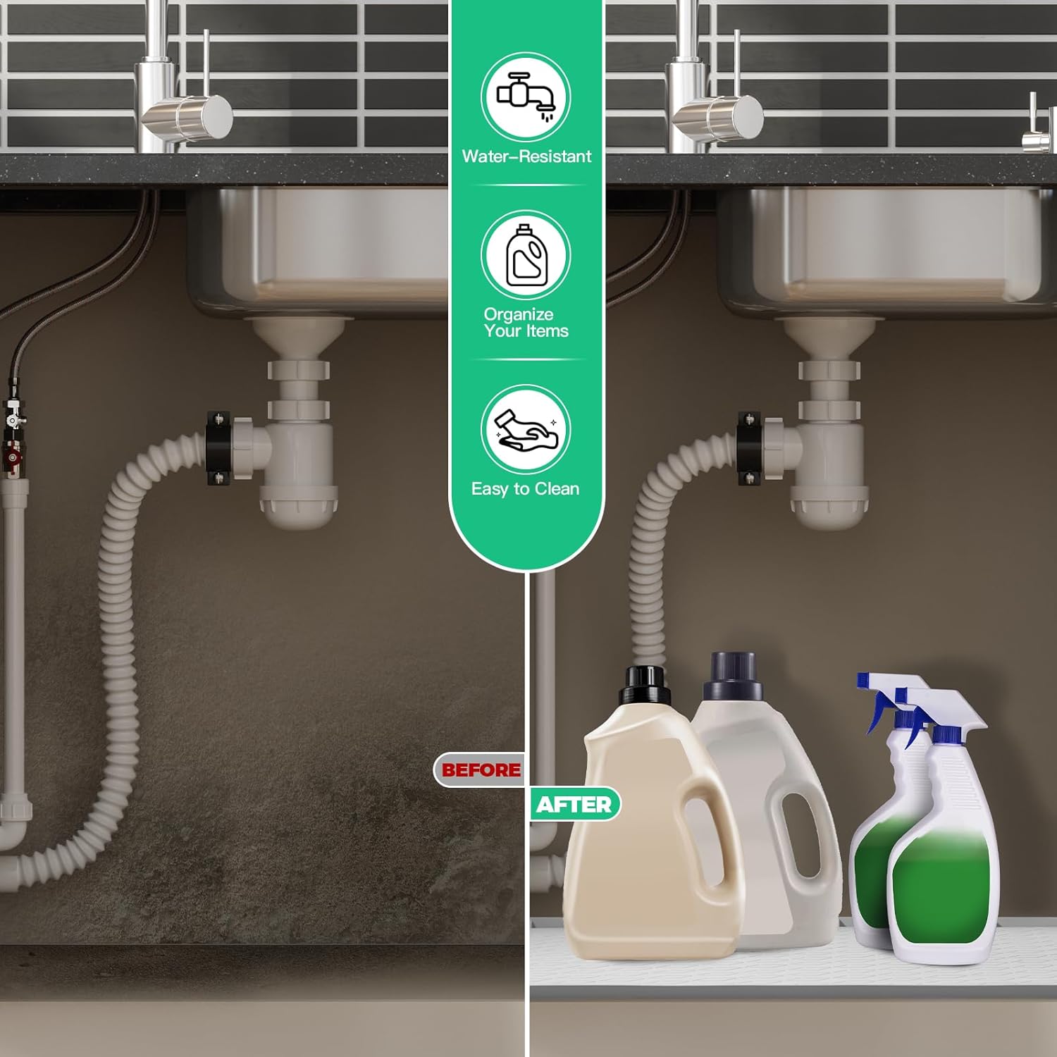 TRZZ Silicone Waterproof Under Sink Mat 31" x 22", Drip Tray and Cabinet Liner for Kitchen and Bathroom, Prevents Water Damage and Organizes Cabinets (Mint Green)