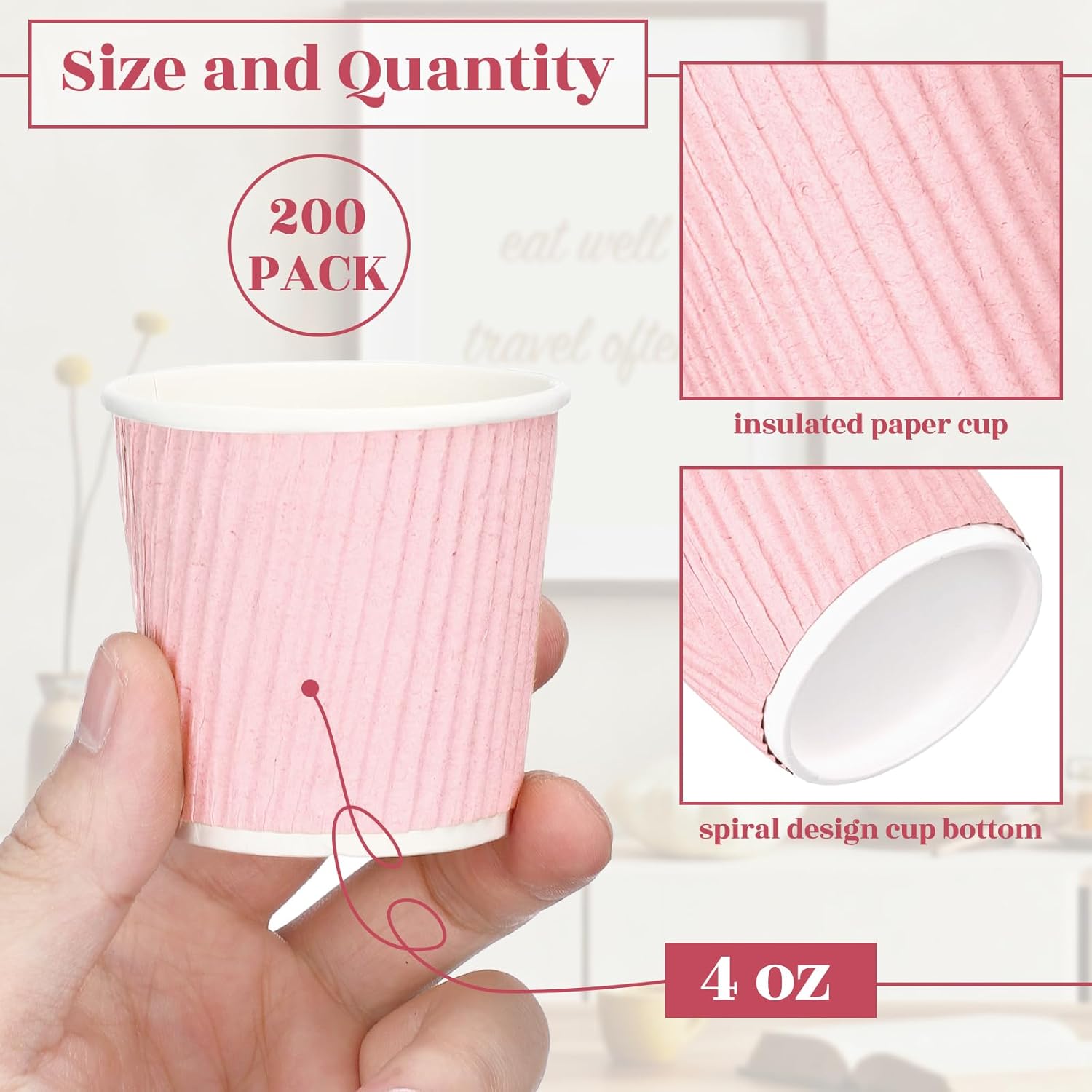 Yaomiao 200 Pcs 4 oz Disposable Espresso Coffee Cups Ripple Corrugated Paper Insulated Hot Cups for Party Cold Drinks Hot Beverage Tea(Pink)