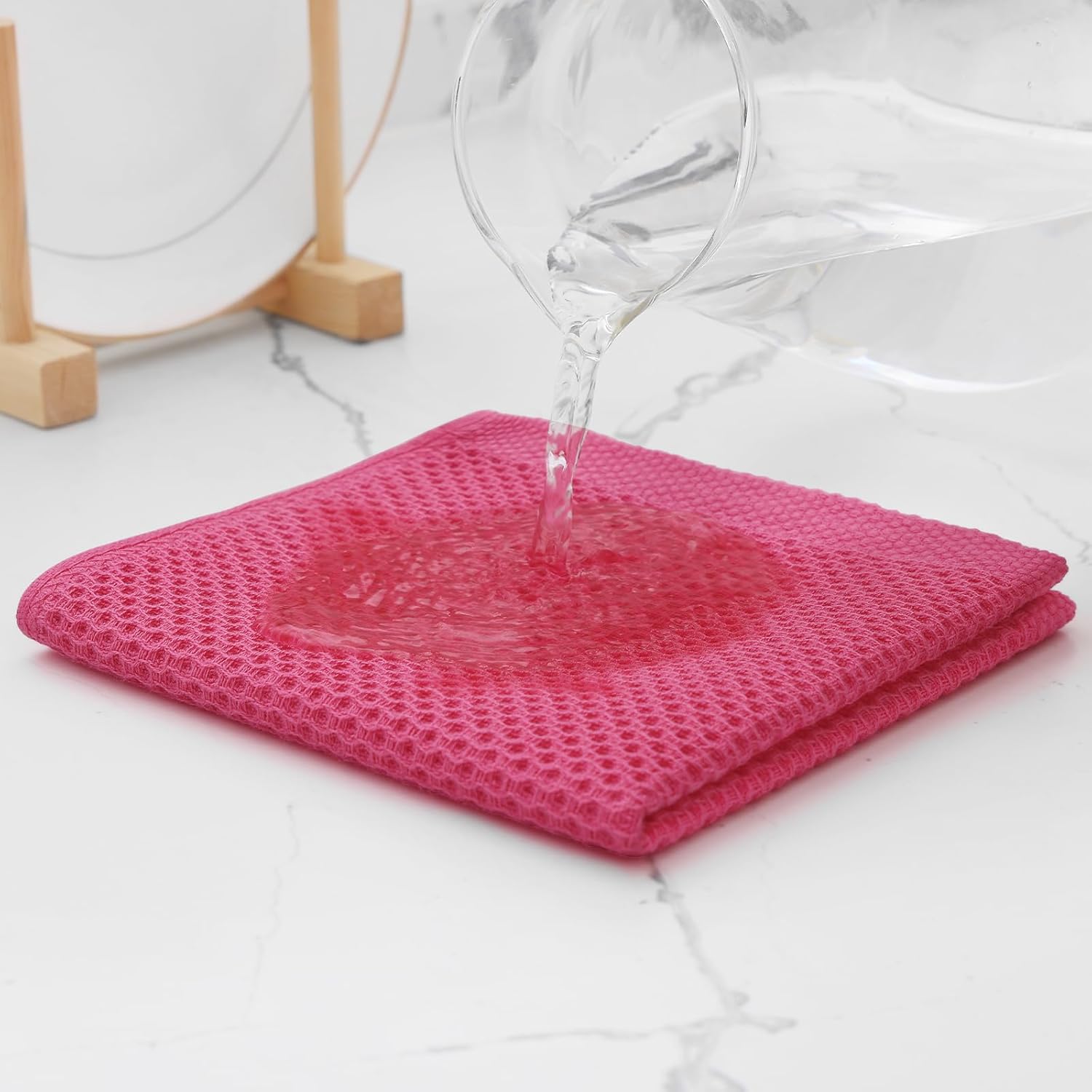 Kitinjoy 100% Cotton Kitchen Dish Cloths, 8 Pack Waffle Weave Ultra Soft Absorbent Dish Towels for Drying Dishes Quick Drying Kitchen Towels Dish Rags, 12 X 12 Inches, Hot Pink