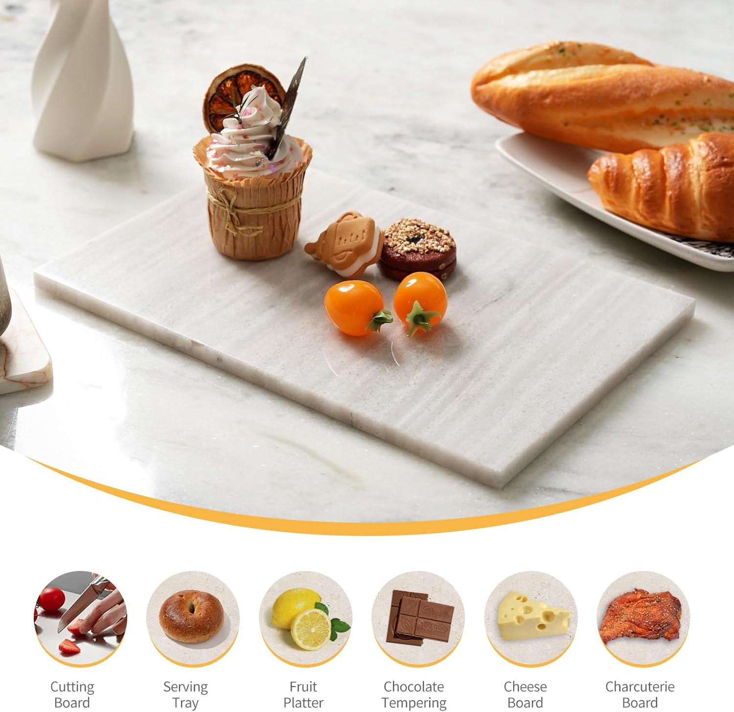 Koville Natural Marble Cutting Board for Kitchen Countertop, 12" x 8" Pastry Bread Macaron Display Board, Real Stone Slab Marble Cheese Boards, Bathroom Perfume Tray Candle Plate(Nestos White)