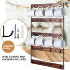 Wall Mounted Coffee Mug Holder, Large 5 Tier Shelf with 20 Hooks for Cups, Rustic Wooden Display Rack for Kitchens, Homes and Bars (Walnut)