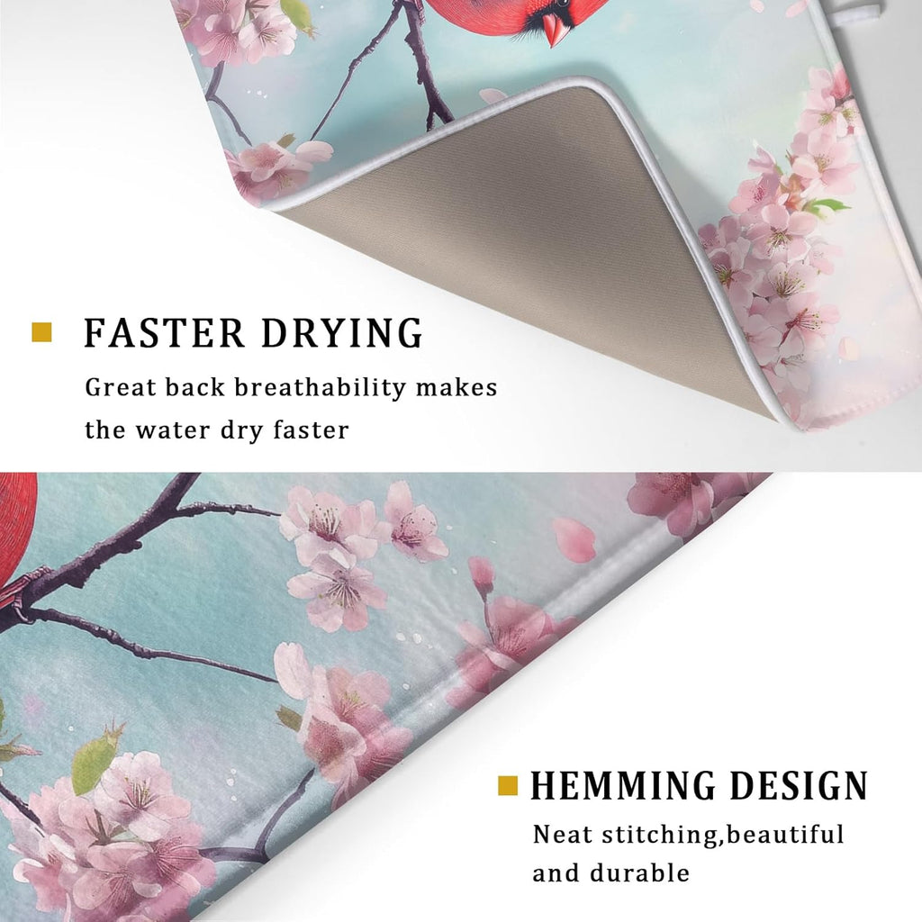 Giwawa Spring Birds Dish Drying Mat, Cherry Blossom Red Birds Dish Drainer Mats for Kitchen Countertop, Watercolor Floral Absorbent Reversible Dish Drying Pad Decor, 18x24inches, Large