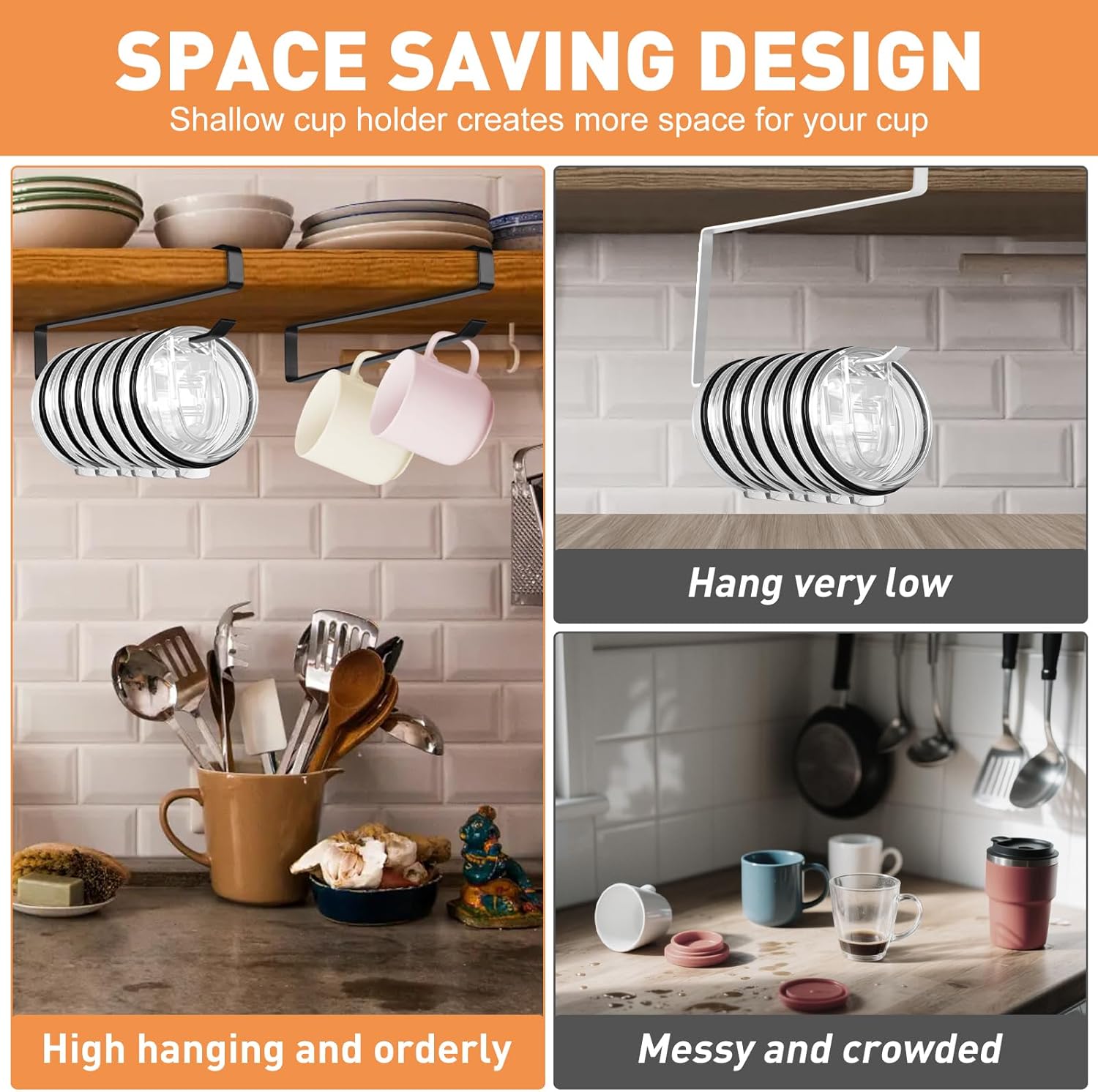 Tumbler Lid Organizer, 2 Pack Coffee Mug Holder for Yeti Tumbler Lid, Space Saving Mug Hanger Rack Holds Up to 12 Lids, Cup Holder Under Cabinet, Water Bottle Lid Holders for Kitchen Storage