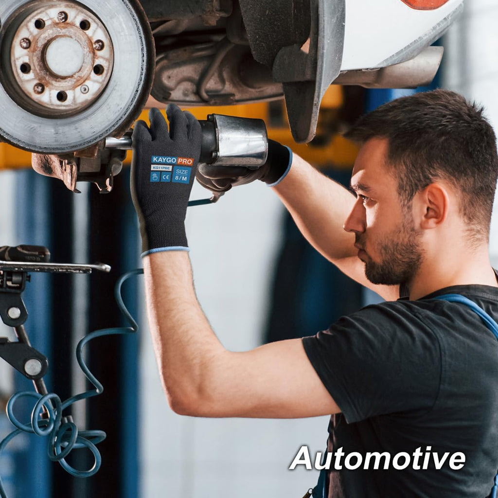 KAYGO Safety Work Gloves PU Coated for Men and Women, 12 Pairs KG11PB, Seamless Knit Glove with Two Fingers Touchscreen, breathable and lightweight Ideal for General Duty Work (Medium,Black)