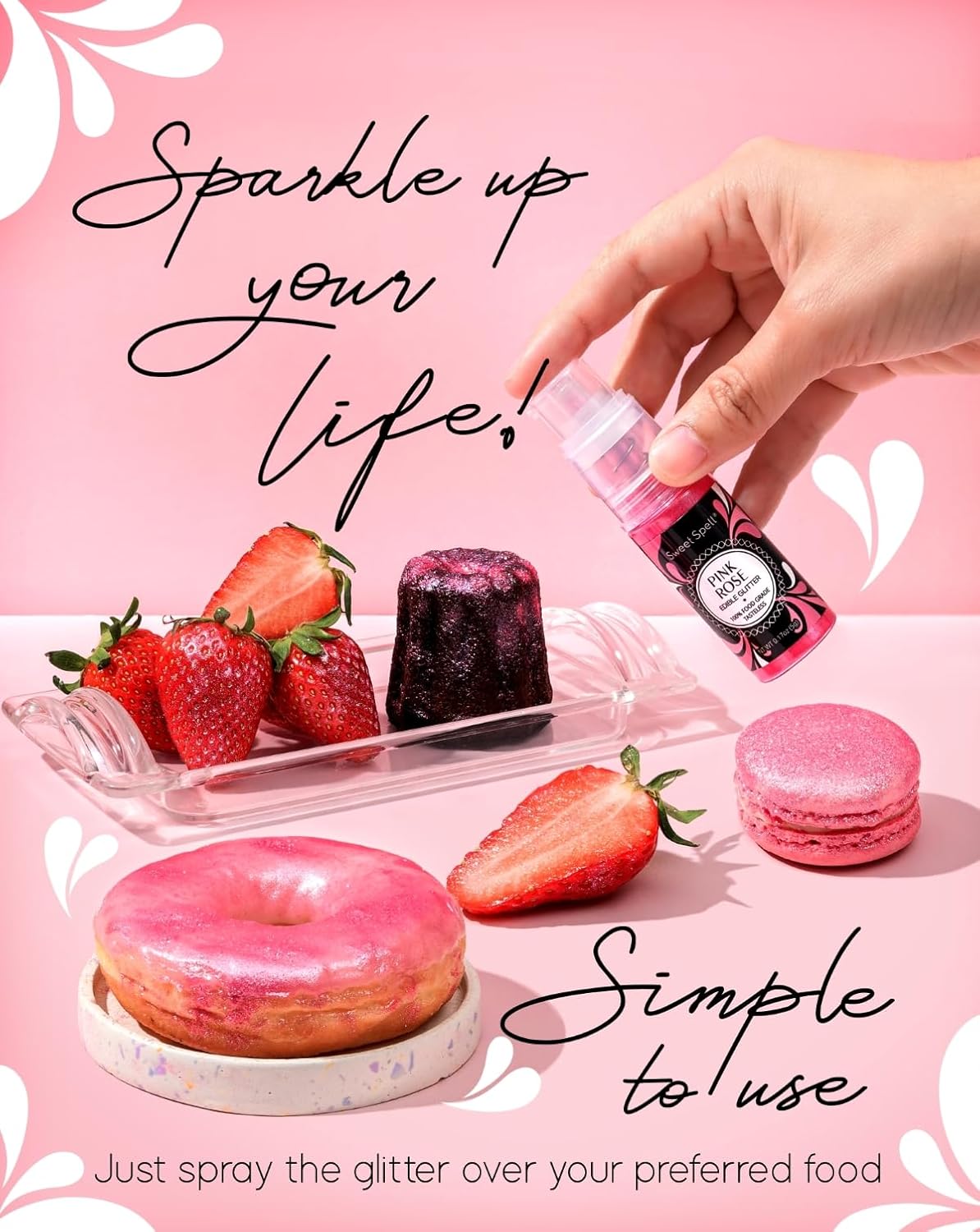 Sweet Spell Edible Cake Glitter Spray – Shimmering Magic for Cakes Decorating & Cocktails – 100% Edible, Food-Grade, Vegan, Gluten-Free (Pink)