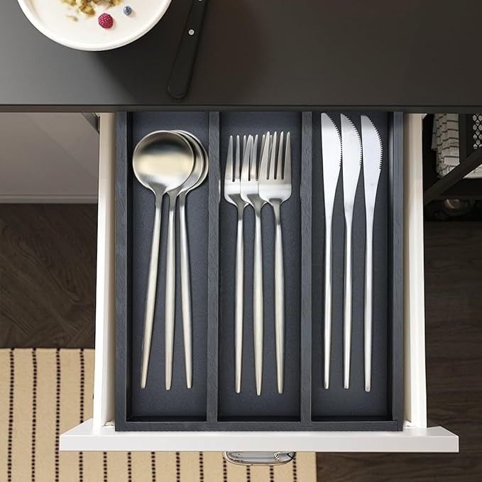 Small Silverware Drawer Organizer Kitchen Utensils Bamboo Cutlery Tray Narrow Flatware Organizer For Drawer Skinny Spoon Fork Holder Drawers Slim Silverware Tray Black Flatware Cutlery Organizer