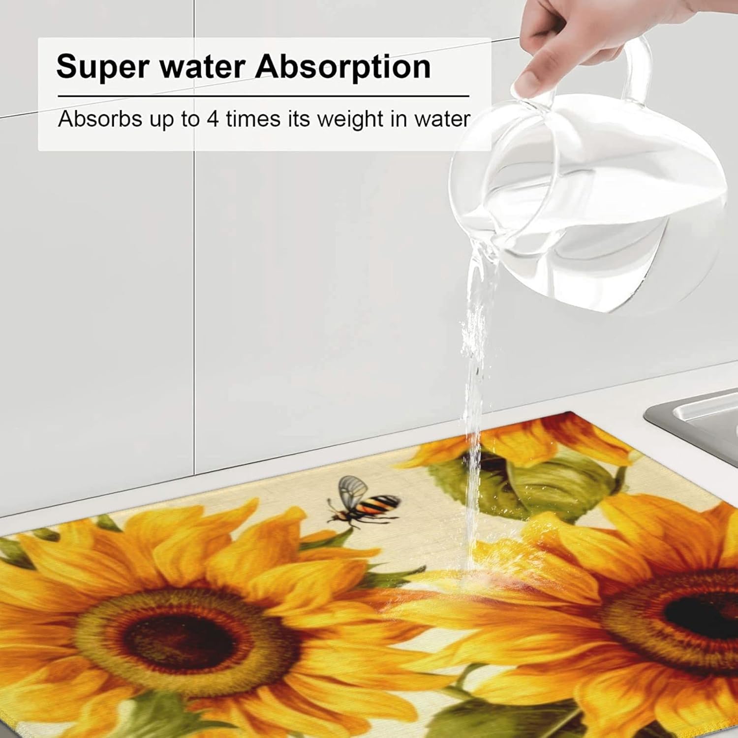 Sunflower Large Dish Drying Mats For Kitchen Counter Microfiber Kitchen Drying Mat XL Draining Pad Absorbent Quick Drying Dish Mat 18x24 Inch