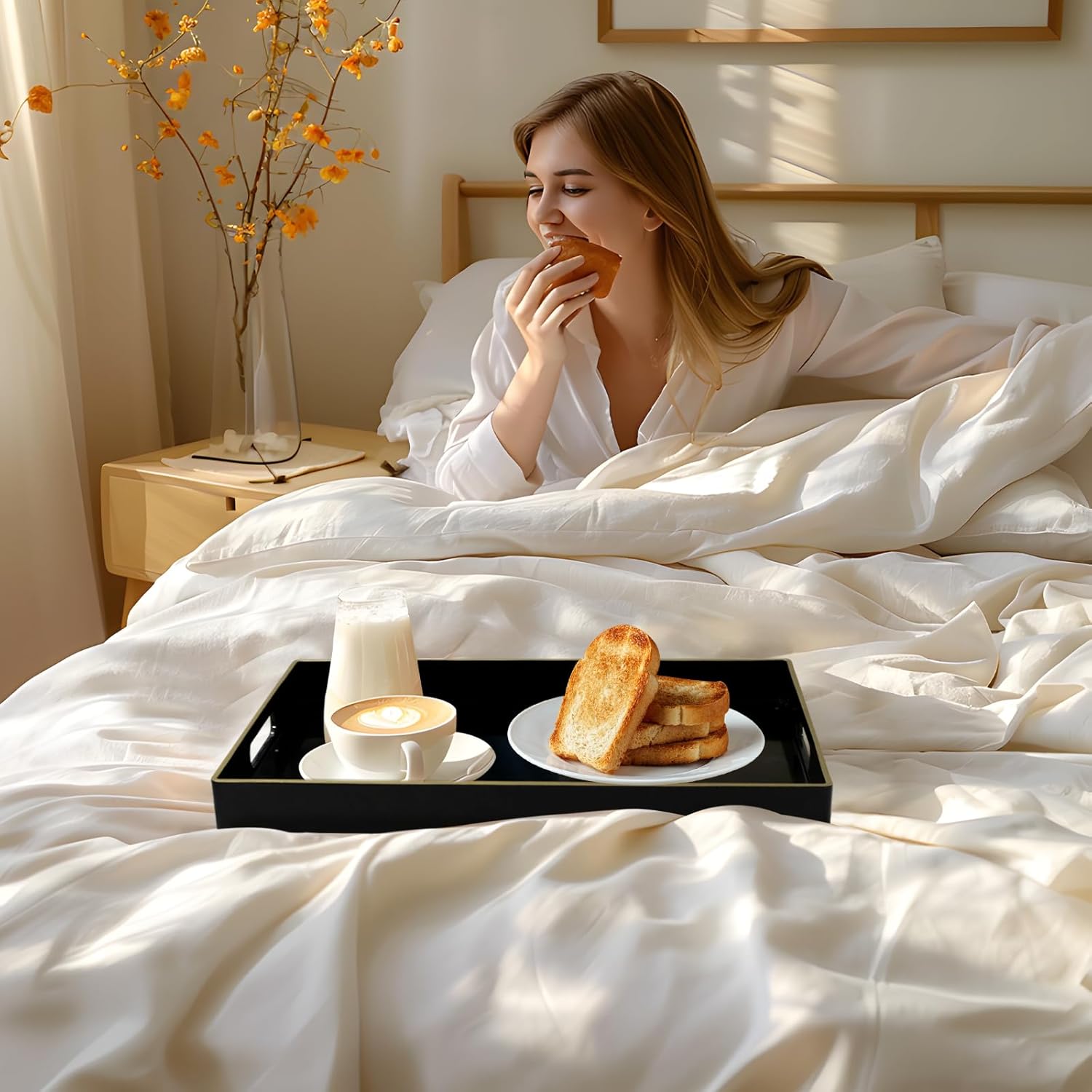 MAONAME Black Decorative Tray for Coffee Table, Modern Serving Tray with Handles, Plastic Rectangular Tea Tray for Ottoman, Bathroom Decor, 15.8” X 10.2” x1.4