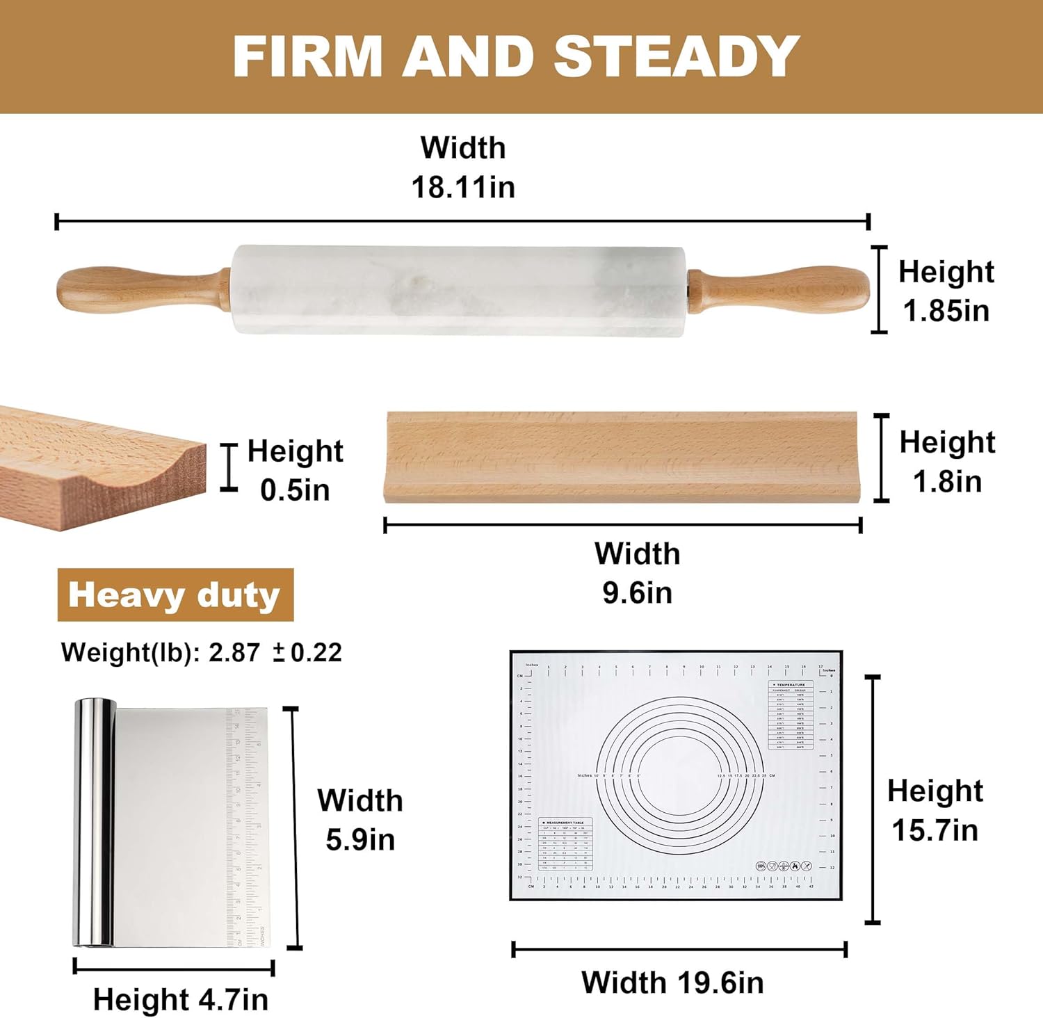 Koville African Natural Marble Rolling Pin, Non-Stick Polished Dough Roller, Pasta, Dumpling, Fondant, Pie Crust, Bread, Pizza Dough, Kitchen Baking Pastry Tools with Mat/Scraper（Namib Fantasy）
