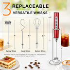 YUSWKO Red Rechargeable Milk Frother for Coffee with Stand, Handheld Drink Mixer with 3 Heads 3 Speeds Electric Stirrers for Latte, Cappuccino, Hot Chocolate, Egg