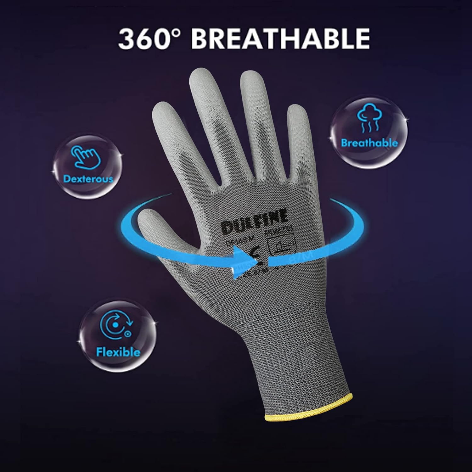 DULFINE Safety Work Gloves PU Coated-12 Pairs,Grey Seamless Knit Glove with Polyurethane Coated Smooth Grip on Palm & Fingers, for Men and Women, Ideal for General Duty Work (XX-Large)