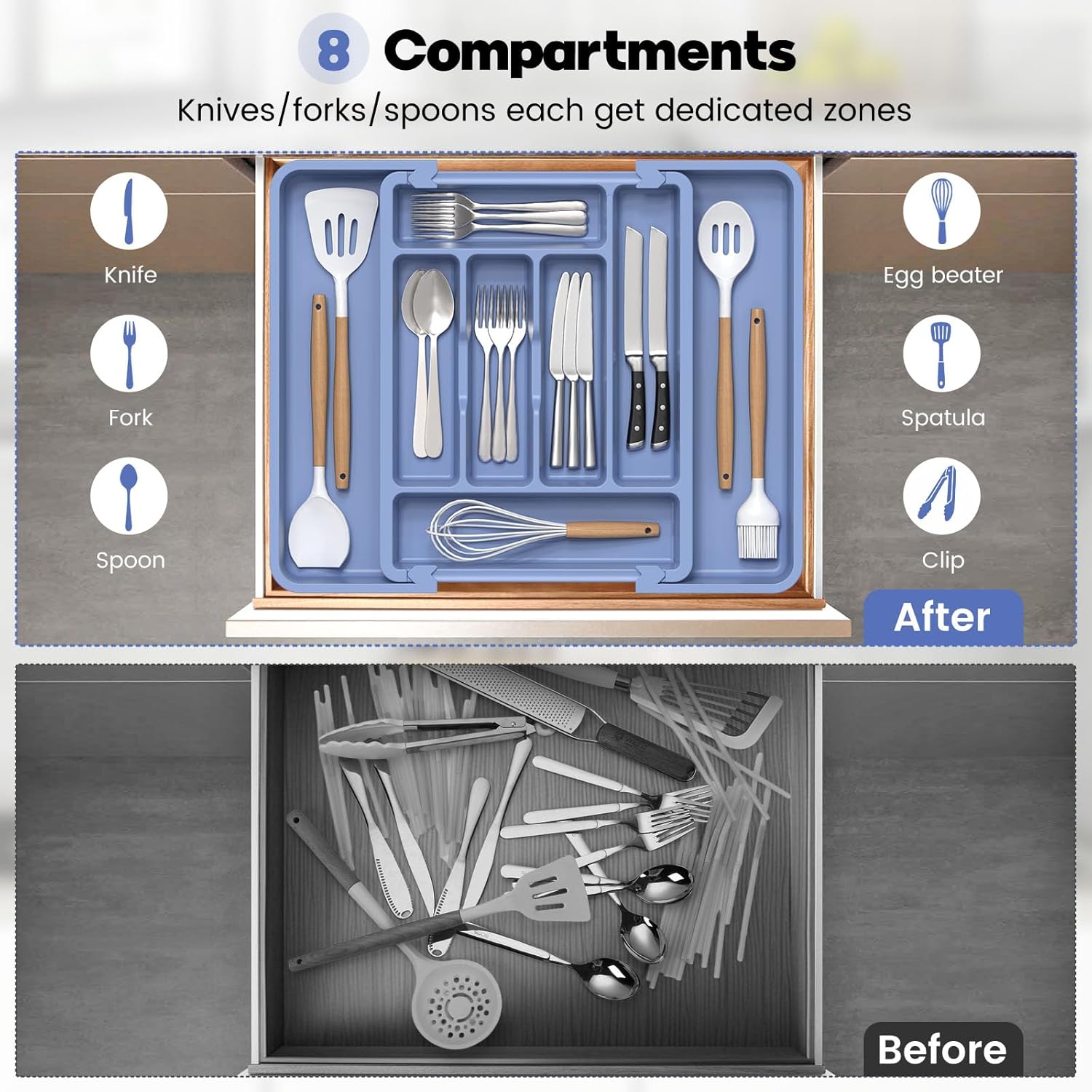 Caperci Large Silverware Organizer for Kitchen Drawer & Utensils - Expandable Drawer Organizer for Cutlery, Flatware & Gadget, BPA-Free Thick Plastic, Wider Compartments & Non-skid Feet (Breezy Blue)