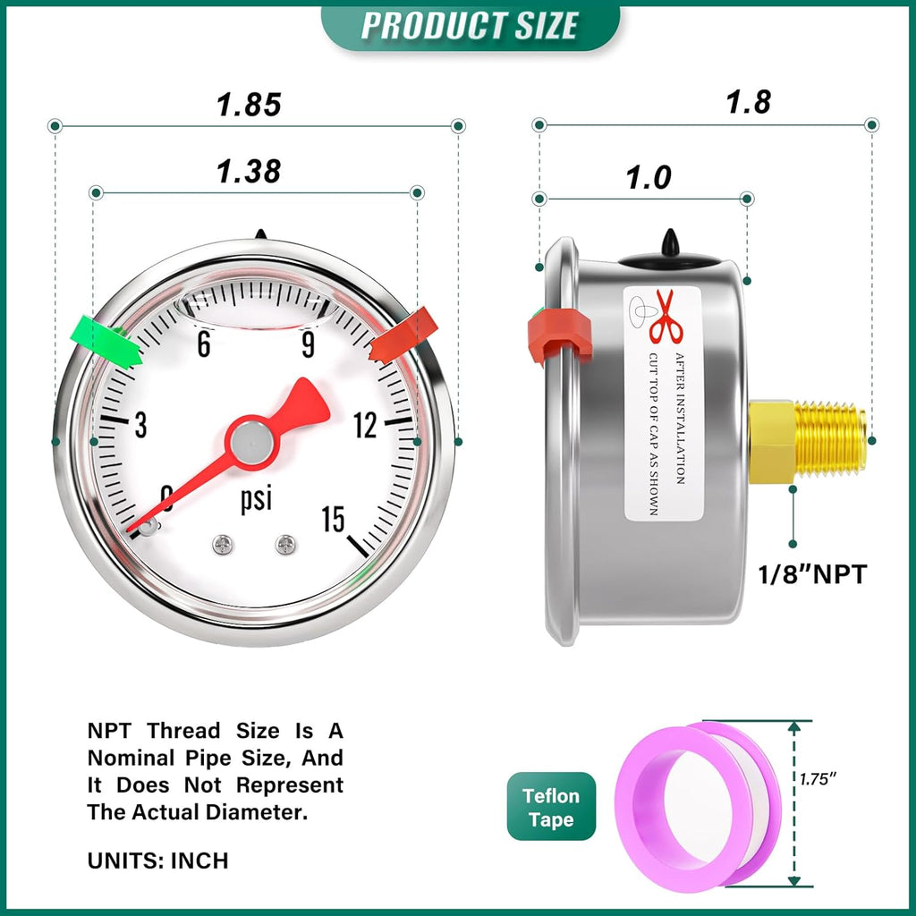 0-15psi Stainless Steel Glycerin Liquid Filled Pressure Gauge 1/8" NPT 1.5" Face Dial, Center Back Mount, for Water, Oil and Air Pressure Testing (with Range Mark Pointer)