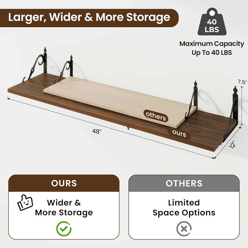 RICHFOCUS 12 Inch Deep Floating Shelves for Wall, 48" W x 12" D Wood Wall Shelves Set of 2, Wide Floating Shelves for Living Room, Bedroom, Kitchen, Bathroom and Decor Storage, Walnut