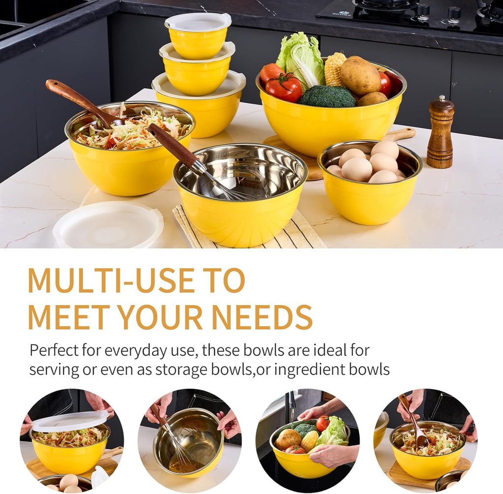 Yellow Mixing Bowls With Airtight Lids,Stainless Steel Bowl,Salad Bowls 7 Piece Colorful Nesting Bowl Yellow Kitchen Accessories,Size 7,3.6,2.7,2.1,1.5,1.1,0.8QT Stackable Design