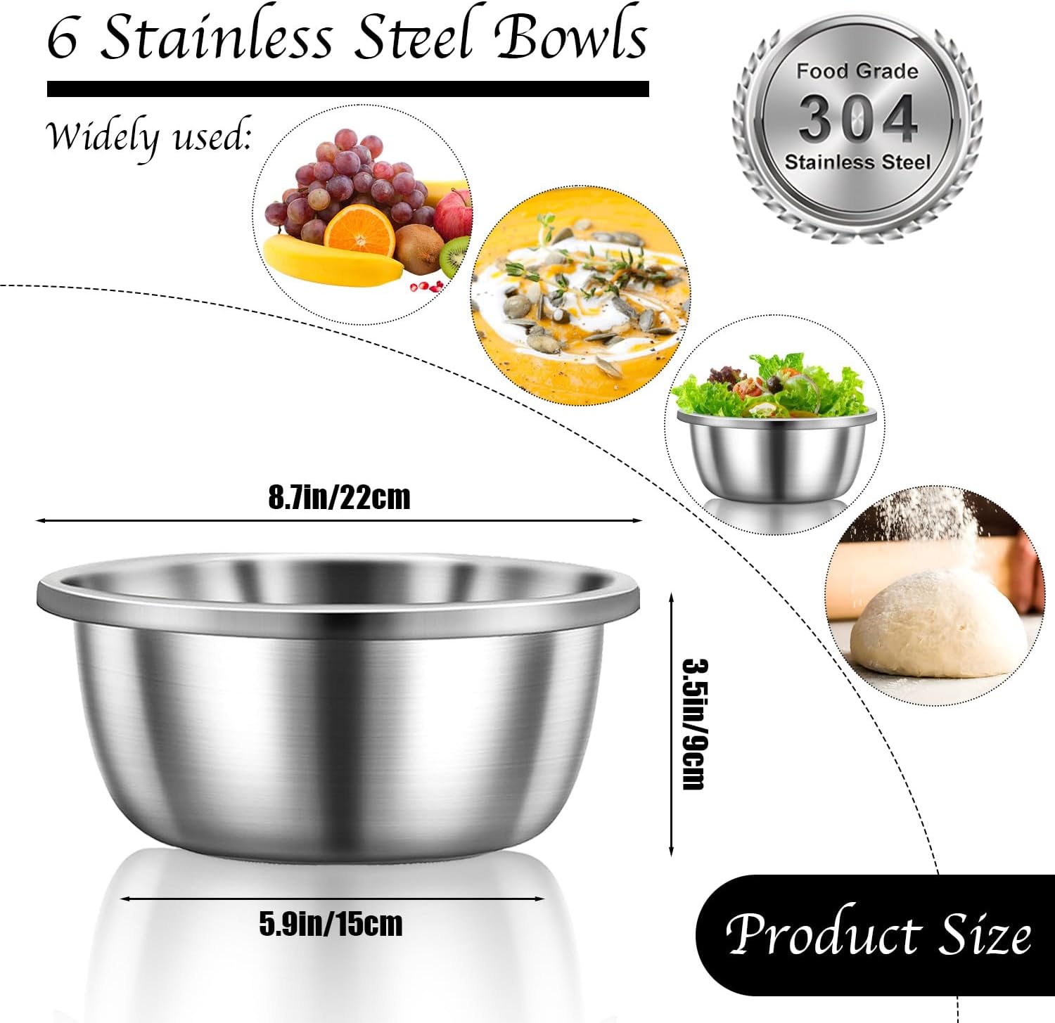 Stainless Steel Mixing Bowls, 6 Pack 2 Quart Stainless Steel Bowls Metal Mixing Bowls For Meal Prepping, Cooking, Baking
