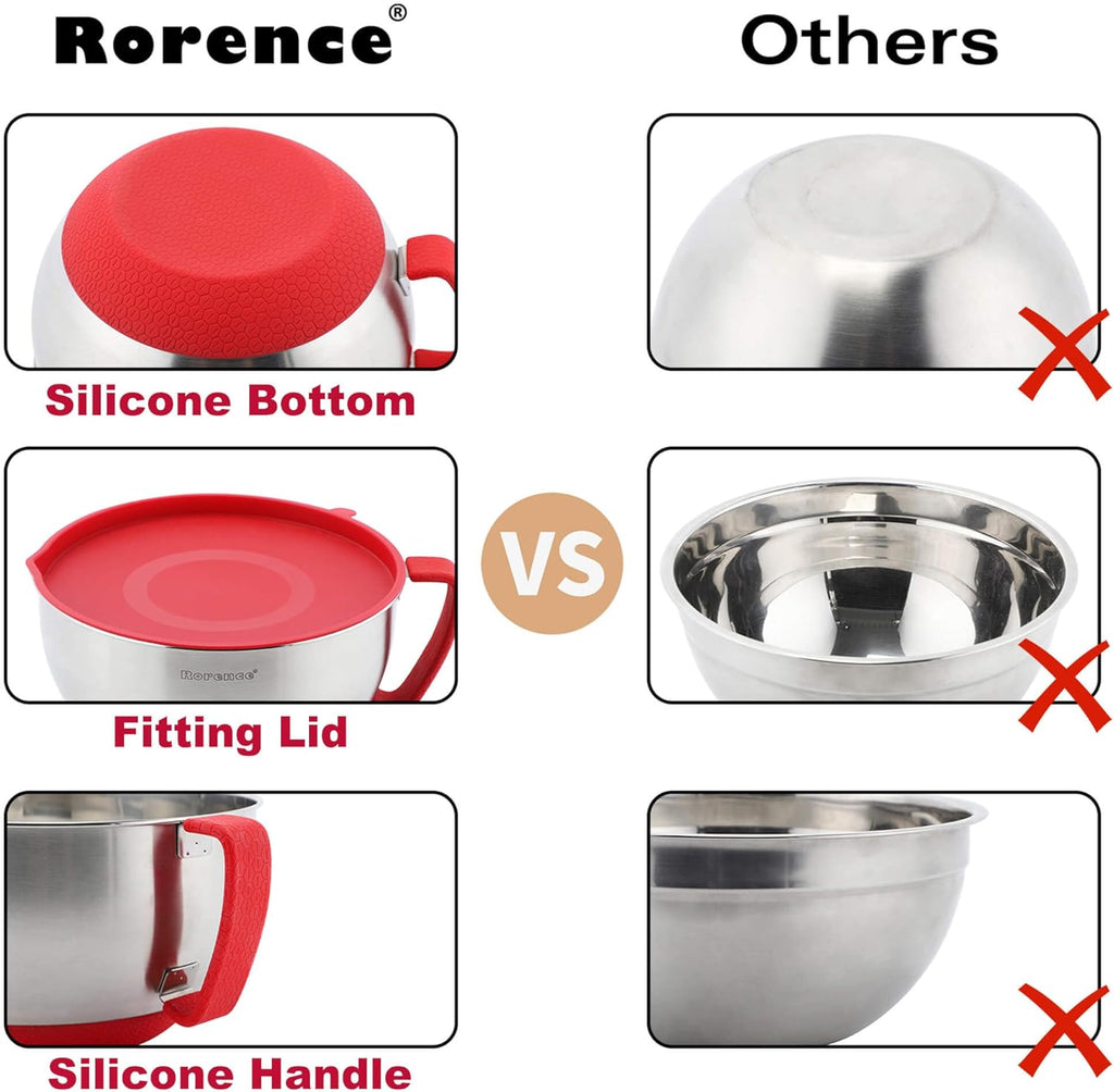 Rorence Stainless Steel Mixing Bowls: Metal Mixing Bowl Set with Lids and Handles Non-slip Silicone Bottom Nesting Bowls for Kitchen Set of 3 - Red