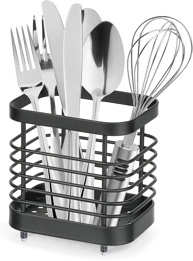 Utensil Holder, Stainless Steel Utensil Drying Rack for Kitchen Counter, Silverware Cutlery Flatware Holder Forks, Knives, Spoons, Chopsticks Organizer (Black)