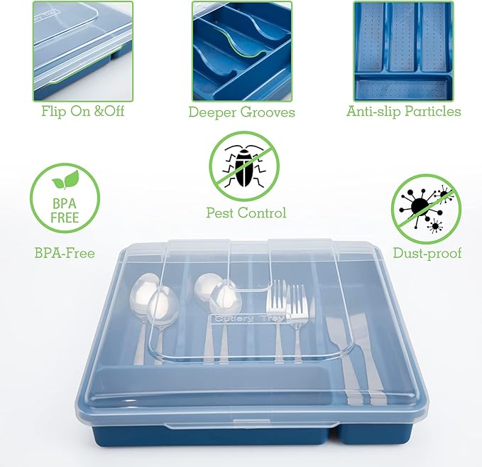Silverware Tray with Lid, Utensil Holder for Kitchen Counter Plastic Flatware Organizers and Storage holder 5 Compartments Blue