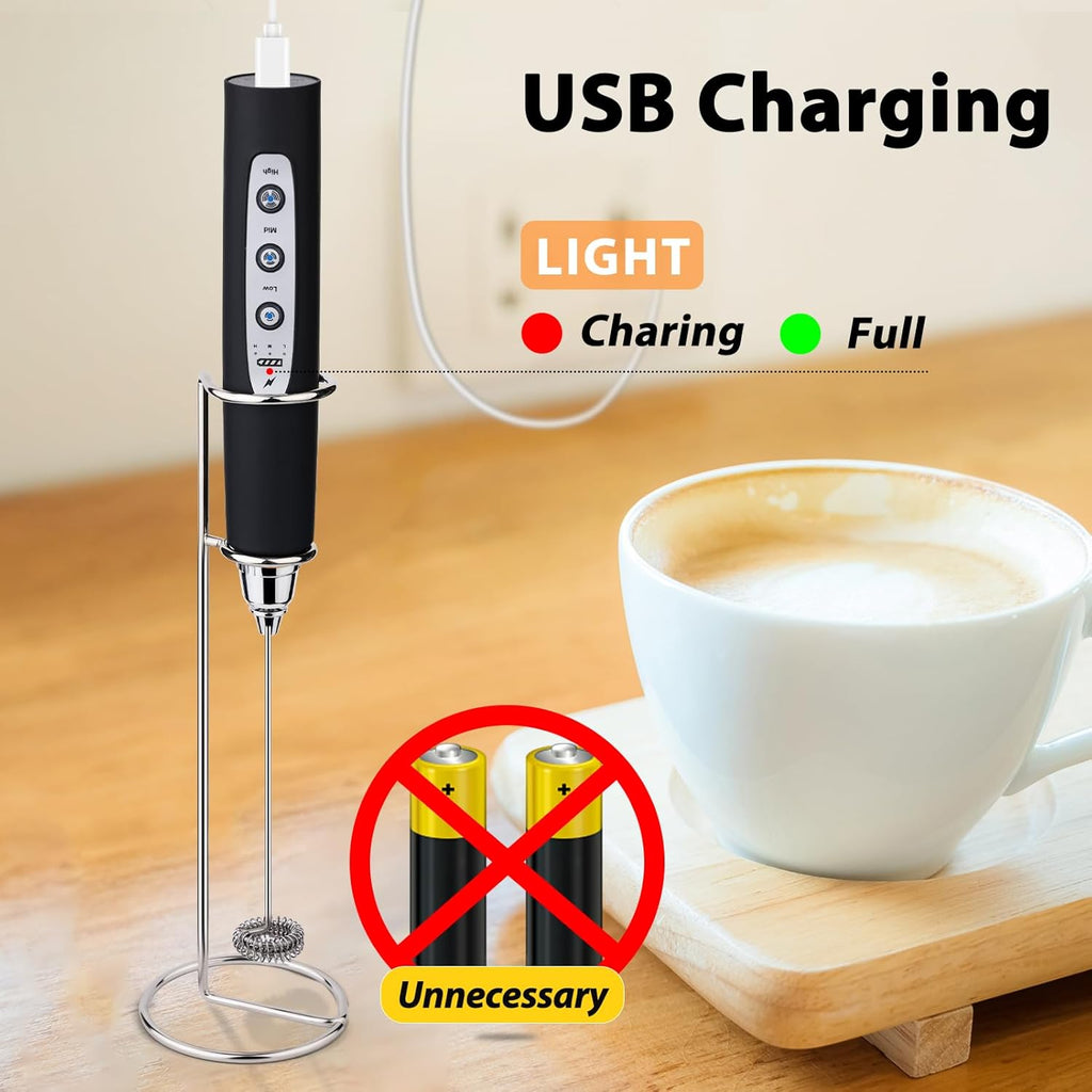 Milk Frother with Stand Rechargeable-Handheld Coffee Frother with 3 Stainless Whisks 3 Speed Adjustable, Electric Whisk Drink Mixer, Foam Maker Blender for Matcha Latte Cappuccino Chocolate