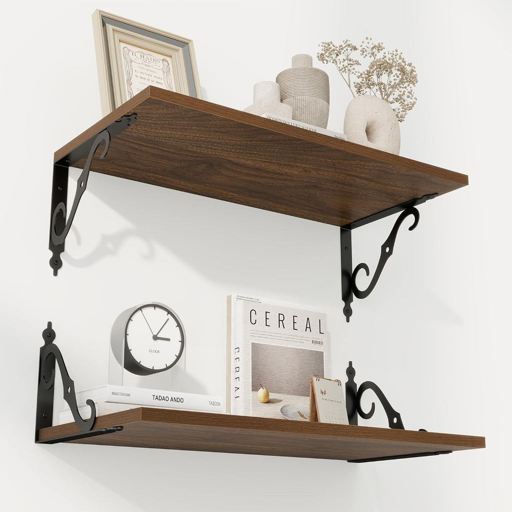 RICHFOCUS 12 Inch Deep Floating Shelves for Wall, 24" W x 12" D Wood Wall Shelves Set of 2, Wide Floating Shelves for Living Room, Bedroom, Kitchen, Bathroom and Decor Storage, Walnut