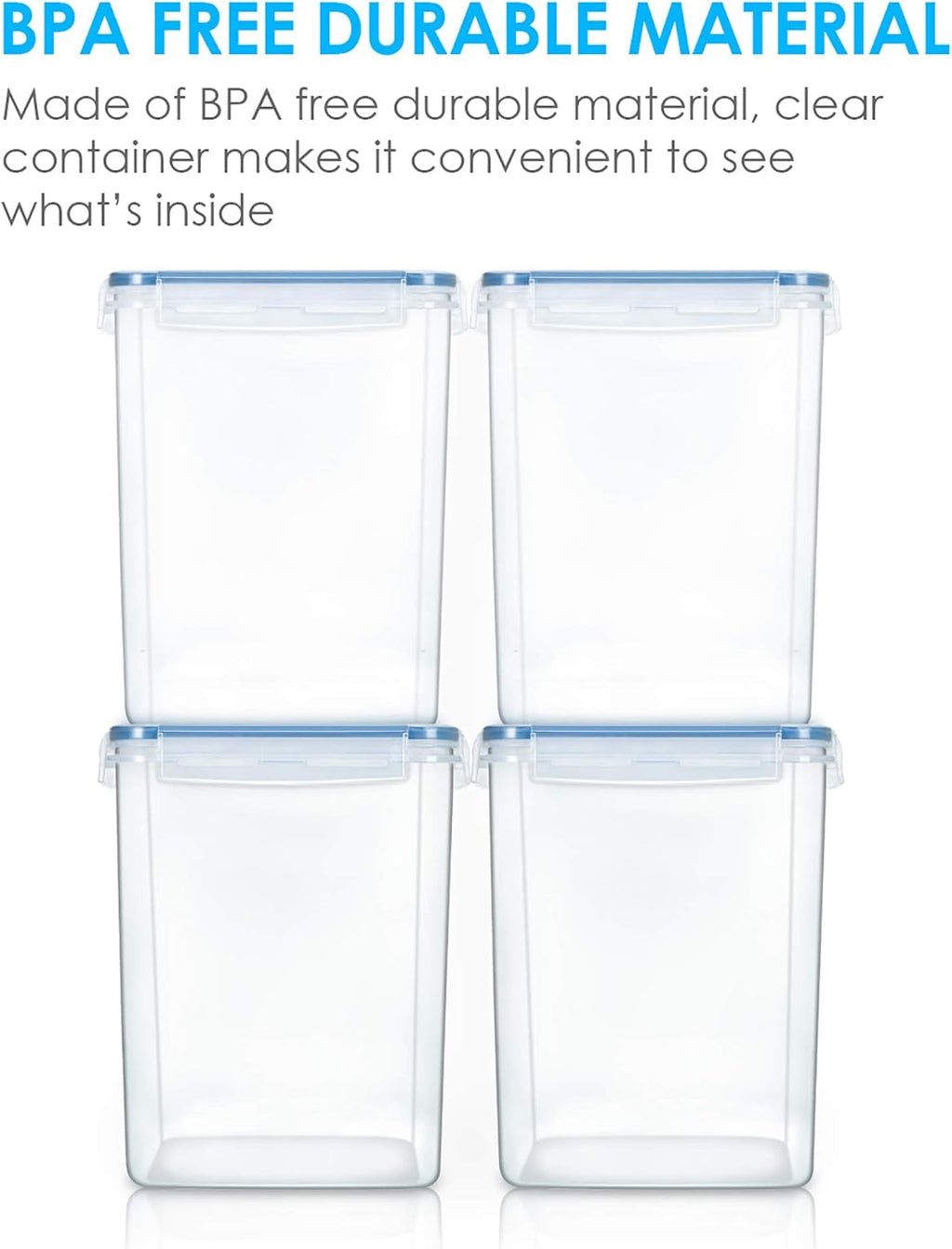 Vtopmart Large Food Storage Containers 5.2L / 175oz, 4 Pieces BPA Free Plastic Airtight Canisters for Flour, Sugar, Baking Supplies, Rice with Lids, 4 Measuring Cups and 24 Labels, Blue