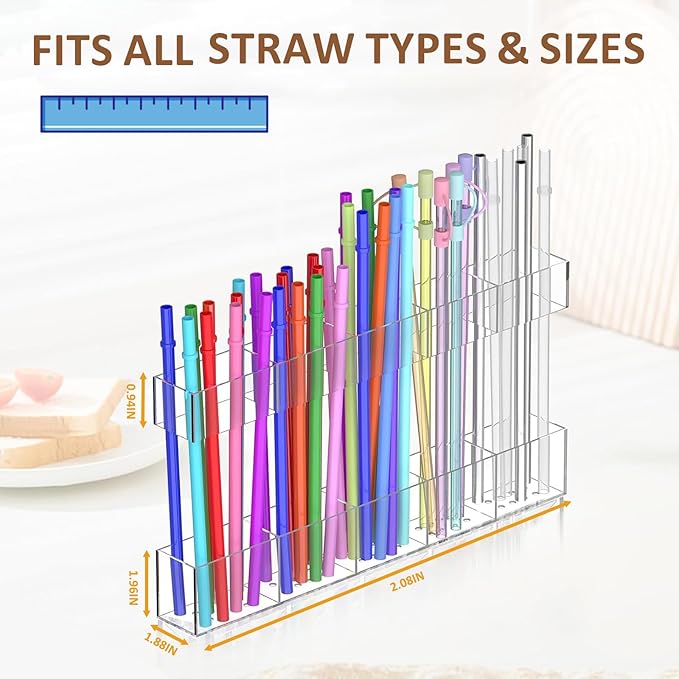 9.8” Acrylic Straw Holder with Double Sided Adhesive Tape Reusable Tumbler Straw Organizer Storage Container for Counter Cabinet Cupboard Kitchen( Large)