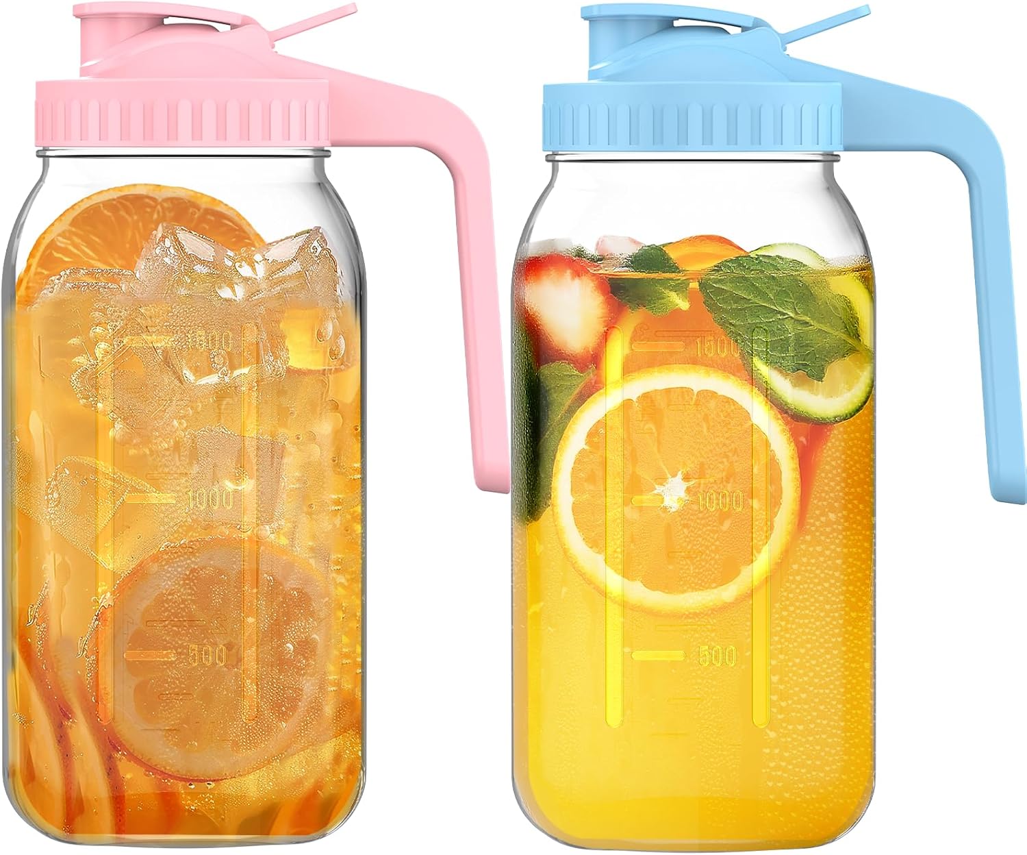 2-Pack 64oz Glass Mason Jar Pitchers with Leak-Proof Lids and Handles – Wide Mouth Design for Sun Tea, Cold Brew, Lemonade, Juice, Iced Tea, and Water