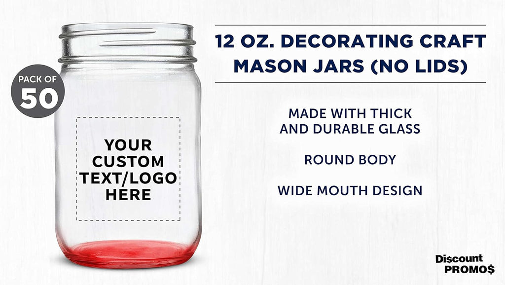 DISCOUNT PROMOS Custom Decorating Mason Jars 12 oz. Set of 50, Personalized Bulk Pack - Glass Jars for Overnight Oats, Candies, Fruits, Pickles, Spices, Beverages - Red