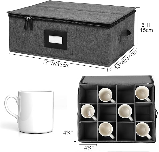 Mug Storage Box with Dividers, China Storage Containers for Tea Cups and Coffee Mugs with Zipper Lid and Rivet Reinforced Handles, Hard Shell and Stackable (Black)