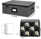 Mug Storage Box with Dividers, China Storage Containers for Tea Cups and Coffee Mugs with Zipper Lid and Rivet Reinforced Handles, Hard Shell and Stackable (Black)