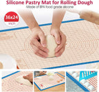 Silicone Pastry Mat 36 x 24 Inch - Larger Silicone Baking Pastry Mat for Rolling Dough,Non Slip Silicon Dough Sheet with Measurement,Perfect for Making Pie,Pizza,Blue
