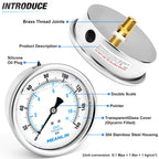 MEANLIN MEASURE 0~160Psi Stainless Steel 1/4" NPT 4" FACE DIAL Liquid Filled Pressure Gauge WOG Water Oil Air Back Mount, with 1/4" x 1/2" NPT and 1/4" x 3/8" NPT Hex Bushing
