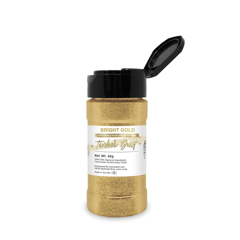 Bright Gold BAKELL Edible Glitter, 45 Grams | TINKER DUST Edible Glitter | KOSHER Certified | 100% Edible Glitter | Cakes, Cupcakes, Cake Pops, Drinks, Dessert Vegan Glitter & Dusts (45g Shaker, Bright Gold)