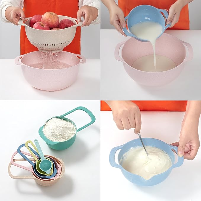 Plastic Mixing Bowls Set 8/10 PCS with Measuring Spoon, Colorful Serving Bowls for Kitchen, Ideal for Baking, Prepping, Nesting Bowls for Space Saving Storage (Soft Breeze)