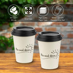 Smygoods Disposable Coffee Cups with Lids, To Go Paper Hot Cups, Rise and Shine Design (12 OZ, 50 Count) For Hot Beverages, Coffee, Tea, Espresso, Cocoa - Vasos Para Cafe