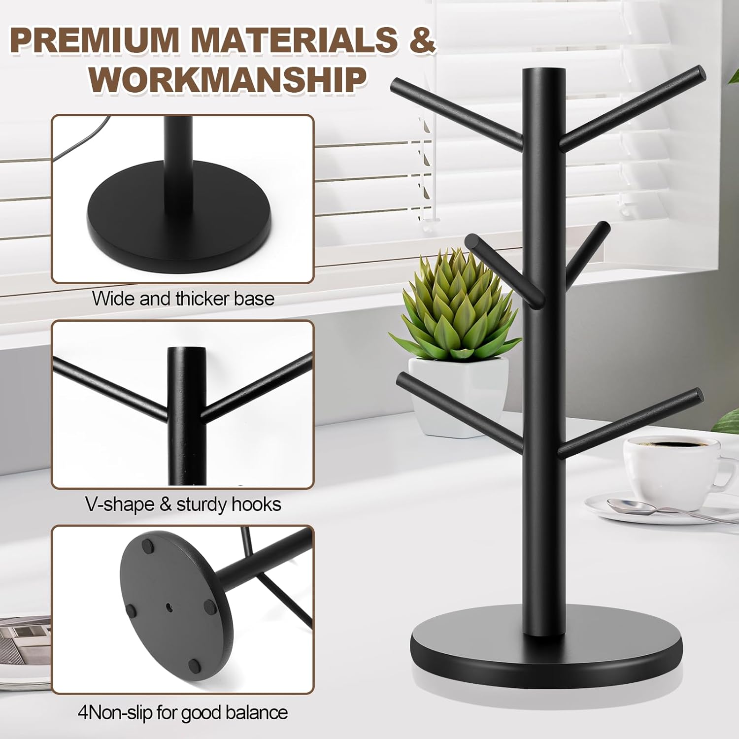 Mug Holder Tree, Thicker Base Coffee Cup Holder for Countertop, Sturdy Wood Coffee Mug Hanger with 6 Hooks, Non-Slip Cup Rack for Home Storage and Organizer