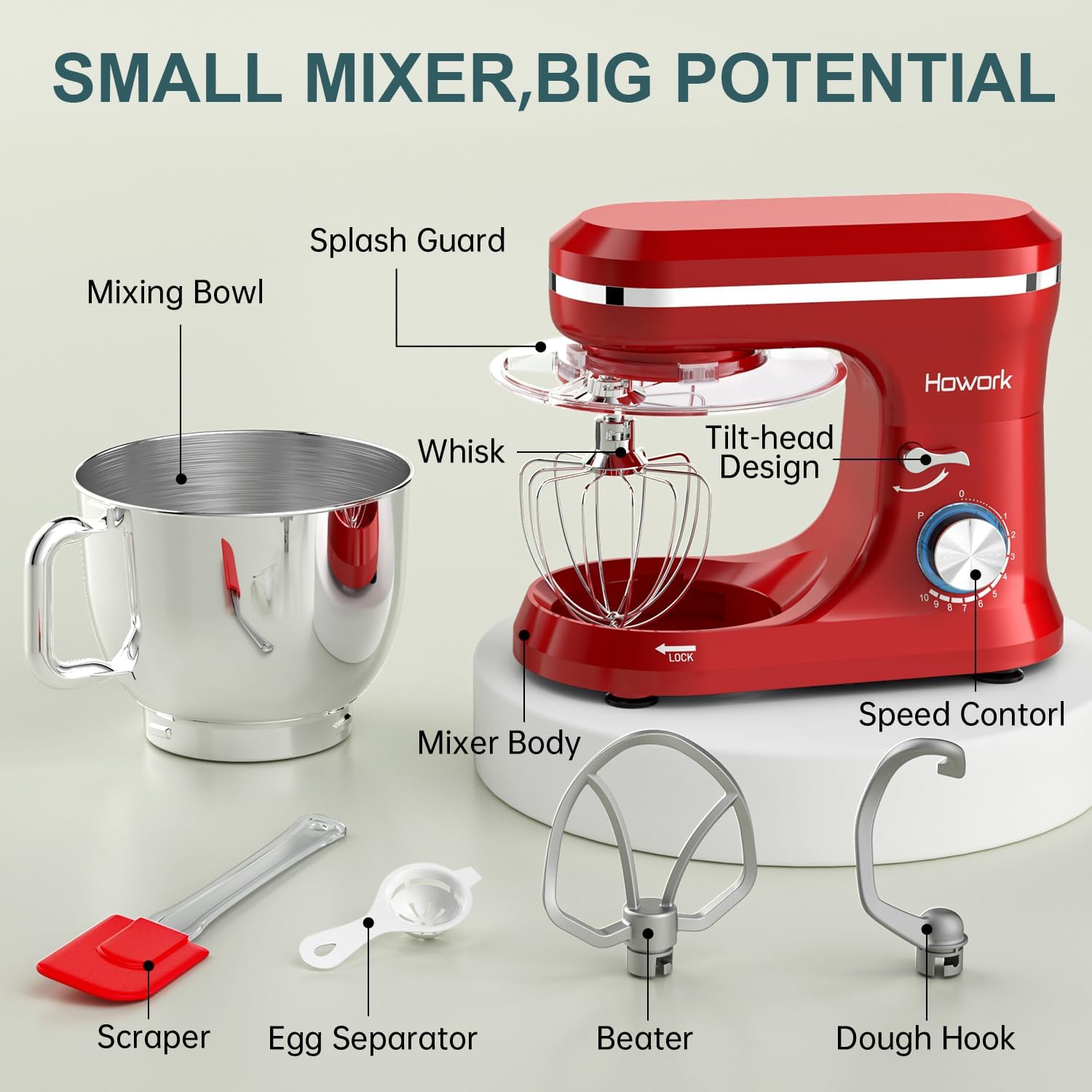 HOWORK Electric Stand Mixer,10+p Speeds With 6.5QT Stainless Steel Bowl,Dough Hook, Wire Whip & Beater,for Most Home Cooks,Bright Red