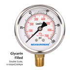 MEASUREMAN Lead-Free Pressure Gauge, 2-1/2inch Dial, Glycerin Filled, 0-100psi/kpa, Stainless Steel Case, 1/4inchNPT Lower Mount